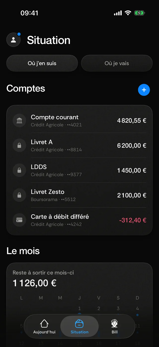 Bill, vue Situation avec les comptes